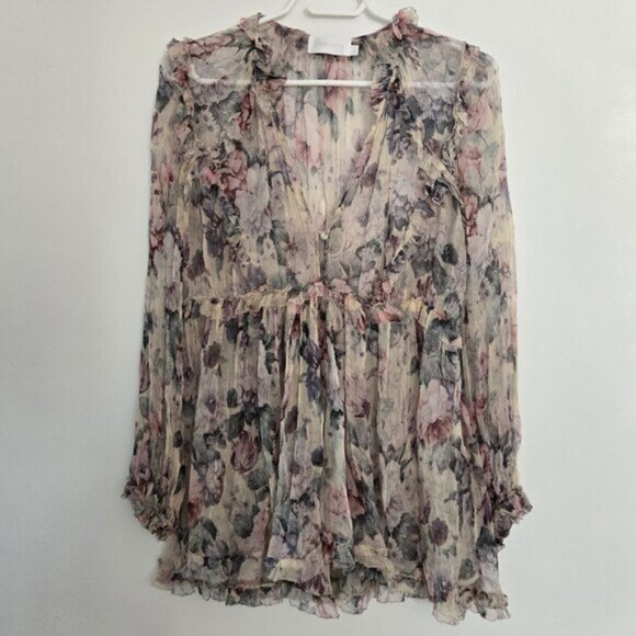 Zimmermann Jasper Floral Ruffle Sheer Blouse Top Size 1 Small b113E - Picture 2 of 10